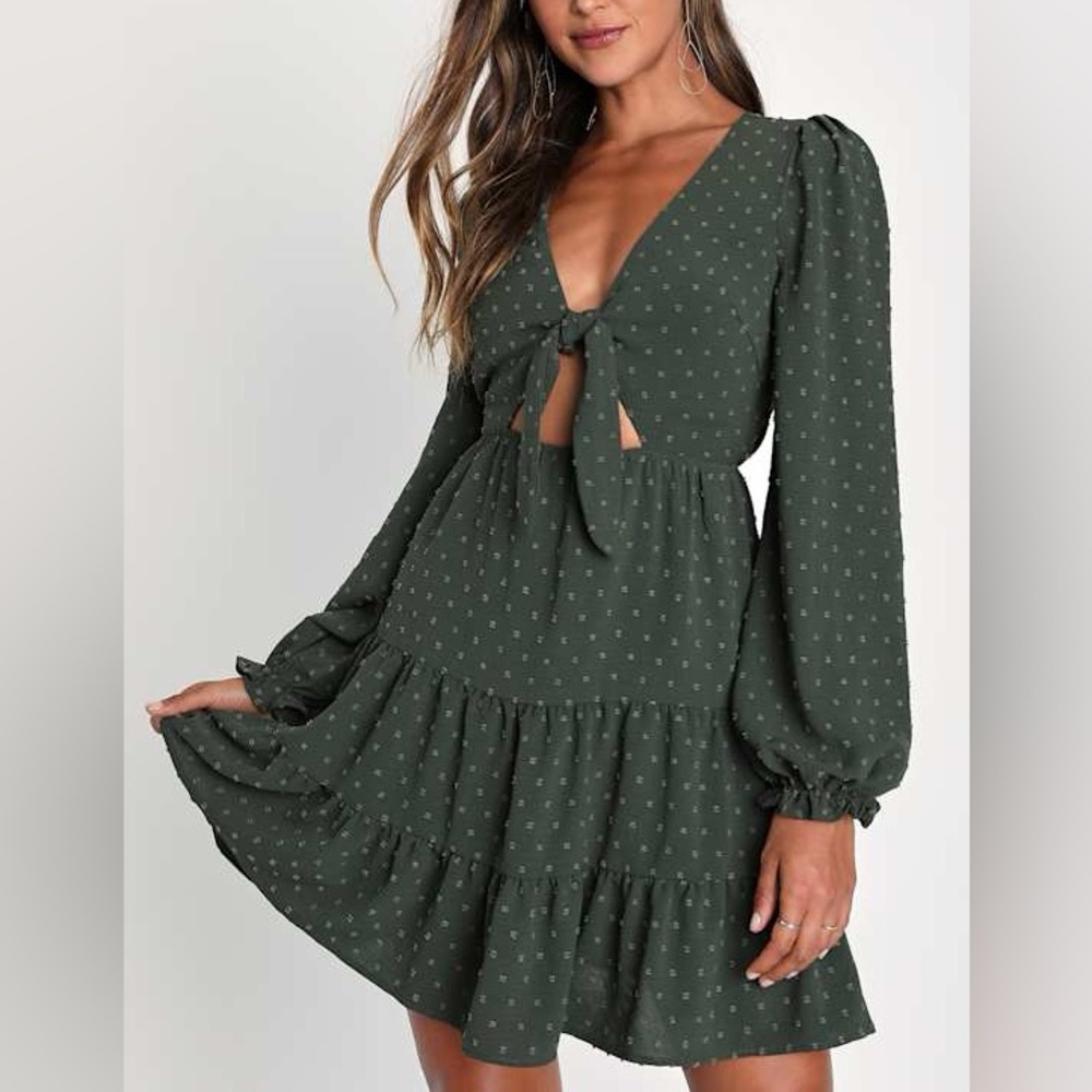 Lulus Darling Personality Olive Green Swiss Dot Tie Front Mini Dress (Size XS)